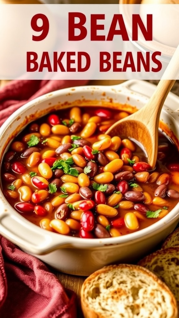 A rustic baking dish filled with baked beans made from nine different types of beans, garnished with herbs, on a kitchen table.